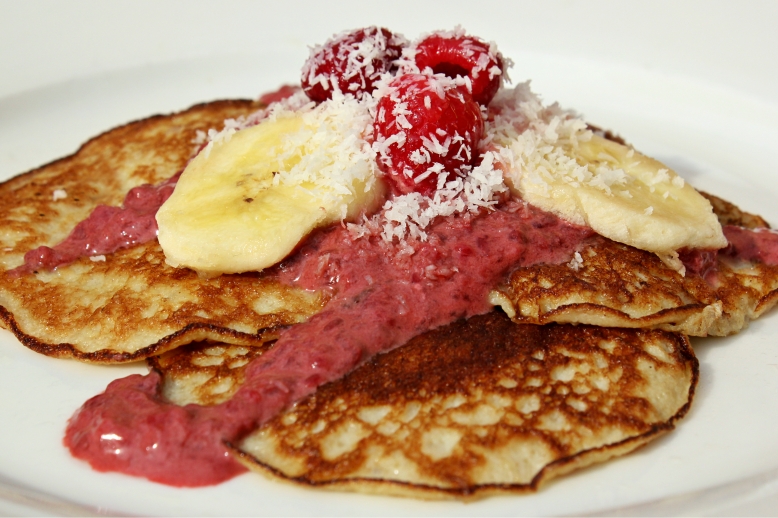 Flourless Banana Pancakes with Raspberry and Coconut sauce