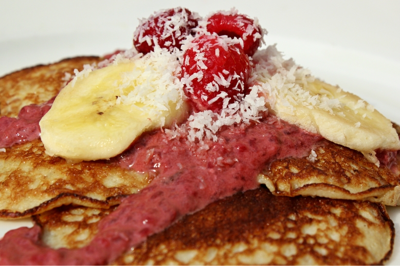 Flourless Banana Pancakes with Raspberry and Coconut sauce