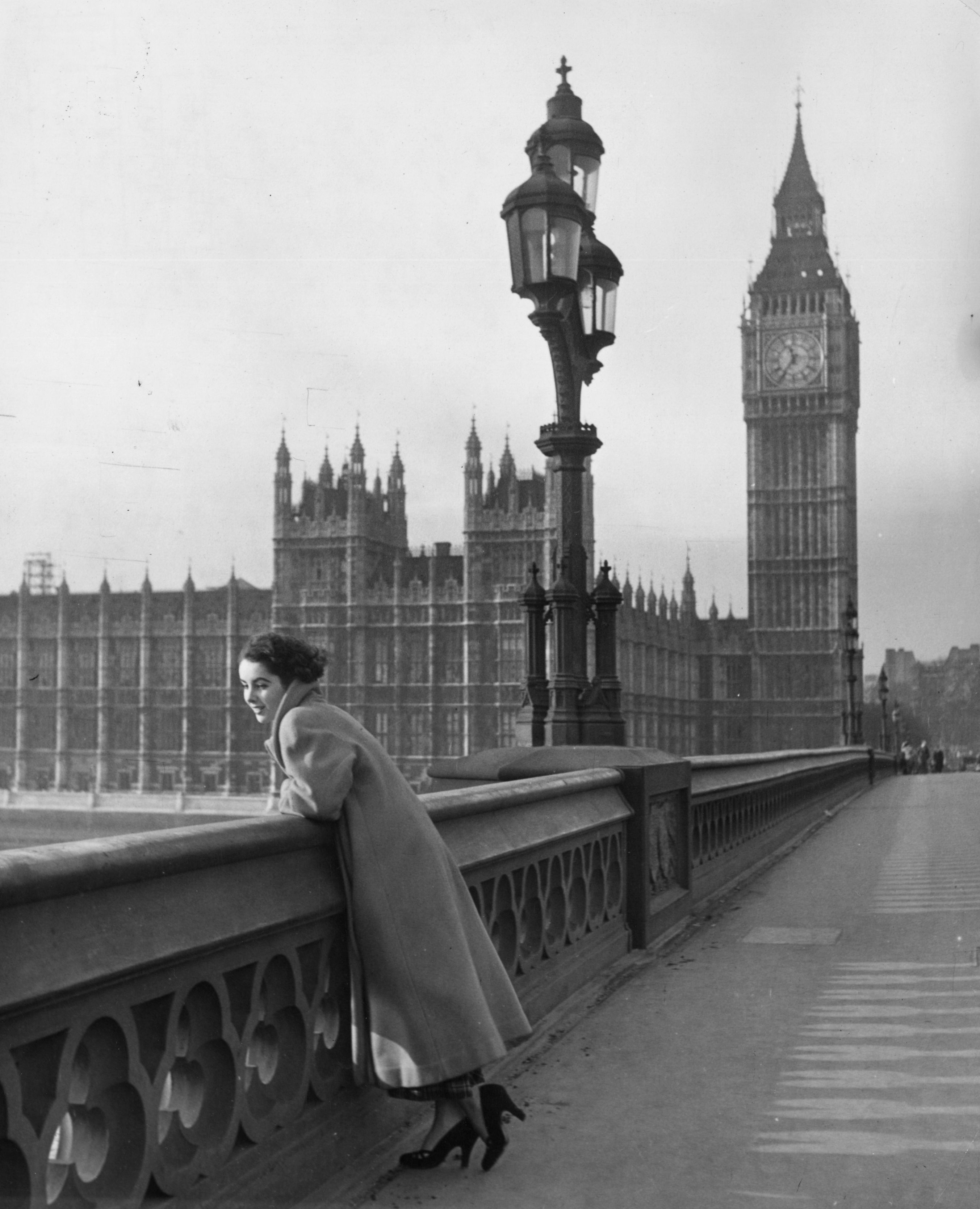 November 1948: The actress Elizabeth Taylor on Westminster Bridge in London.
