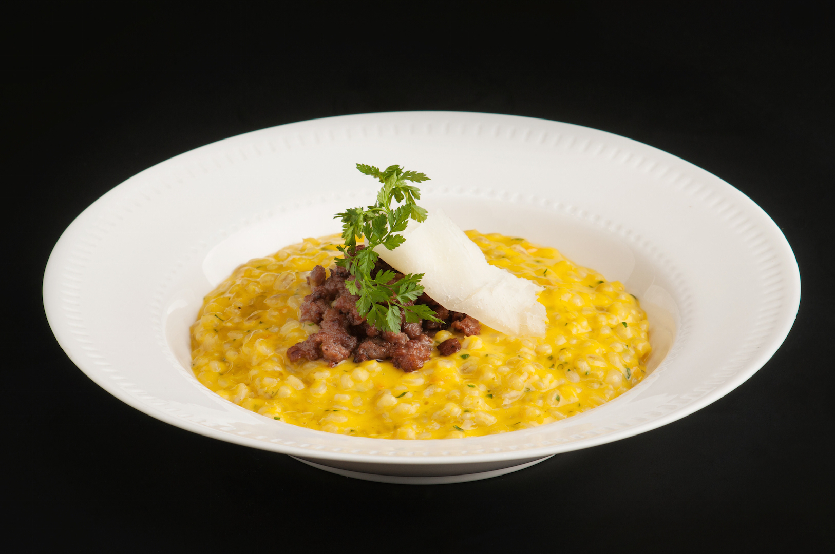 'Delica' pumpkin and barley risotto with crispy salsiccia