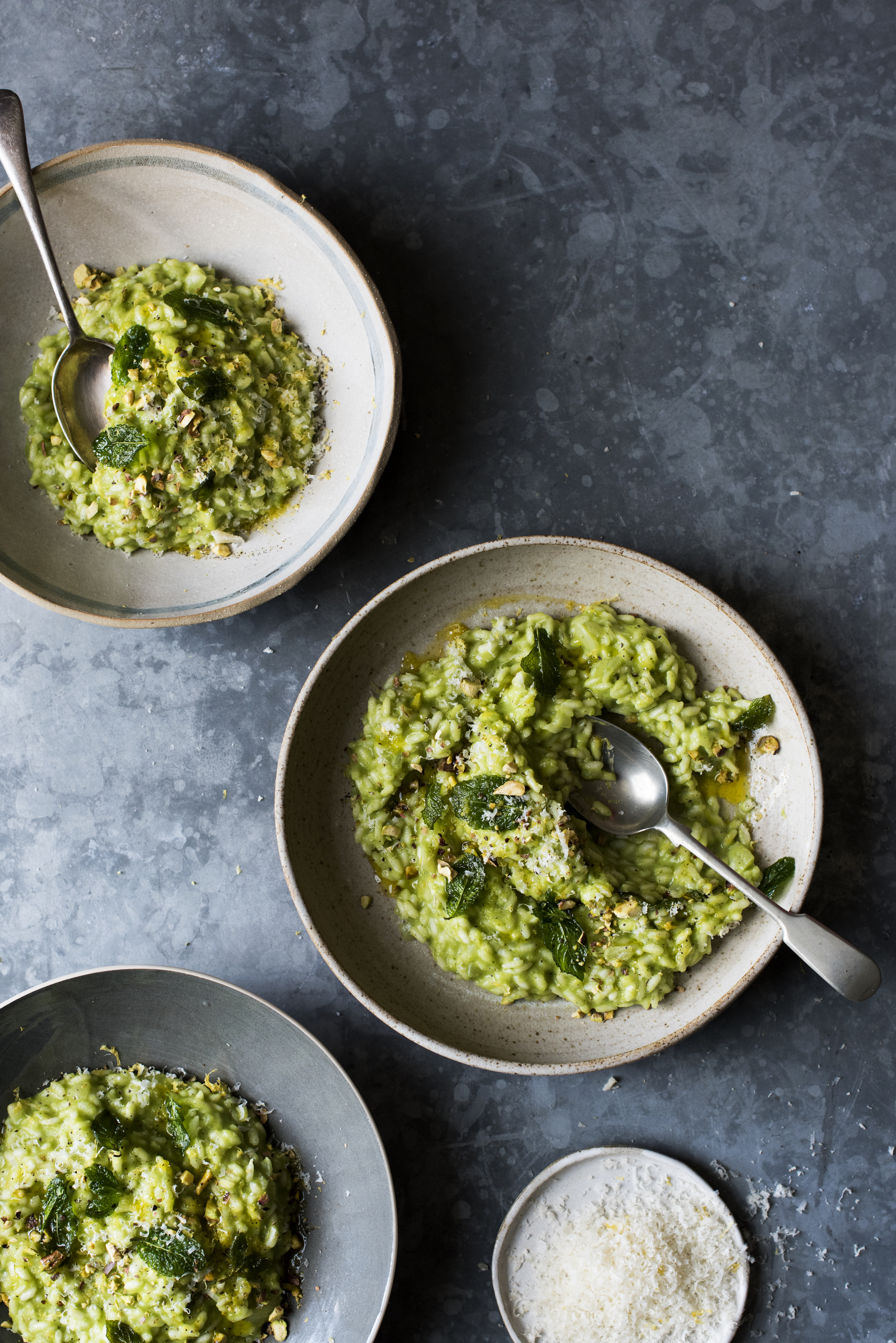 Spinach, Pea & Edamame Risotto with Pink Peppercorns