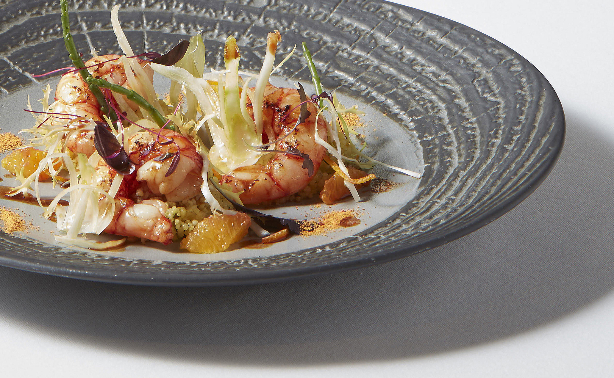 Red Sicilian prawns with couscous salad, fennel confit and blood orange